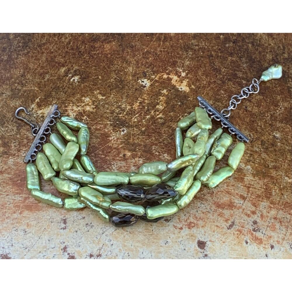 Sterling Silver, Green Pearl and Smoky Topaz Bracelet